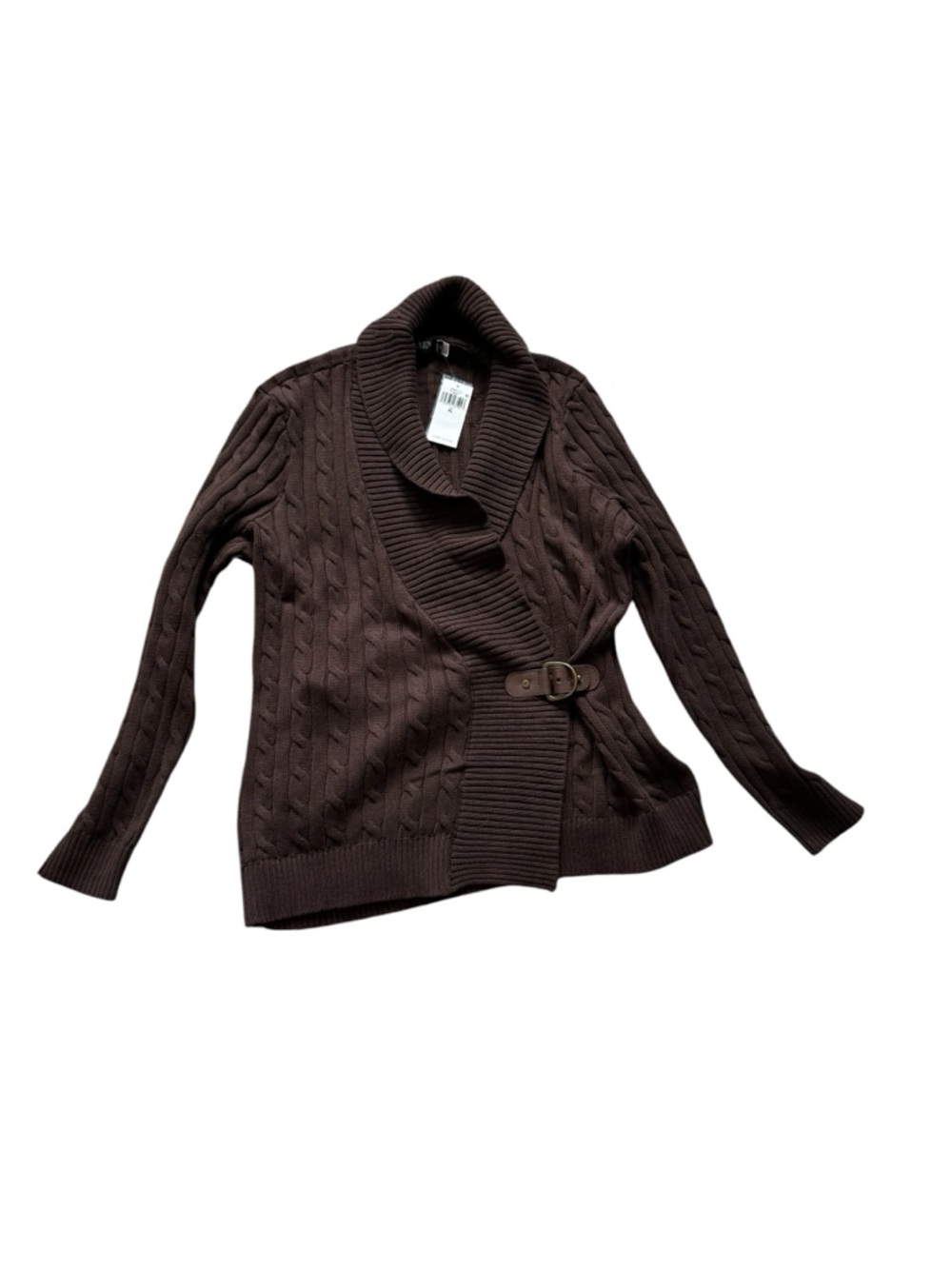 Lauren Ralph Lauren Brown Cable-Knit Shawl Collar sweater with Buckle